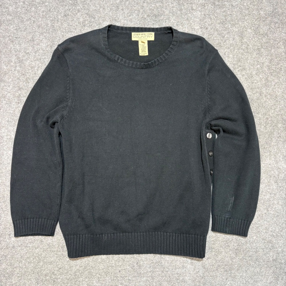 Jones New York Country Black Side Button Crewneck Sweater Womens Large